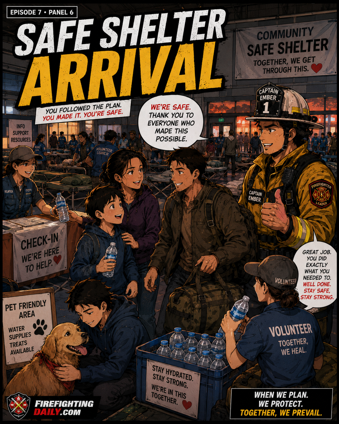 Episode 7 panel 6: safe shelter arrival.