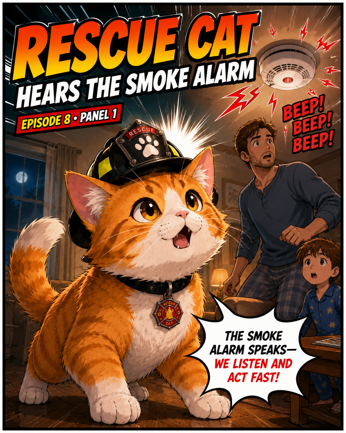 Rescue Cat hearing a smoke alarm in a manga episode.