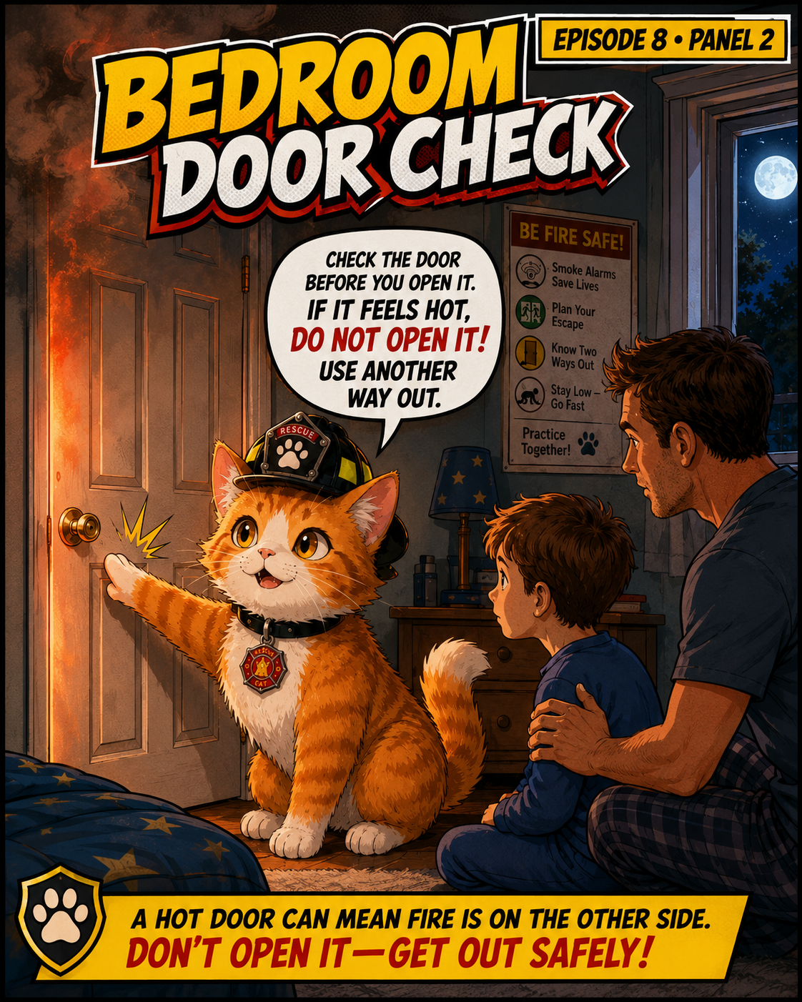 Episode 8 panel 2: bedroom door check scene.