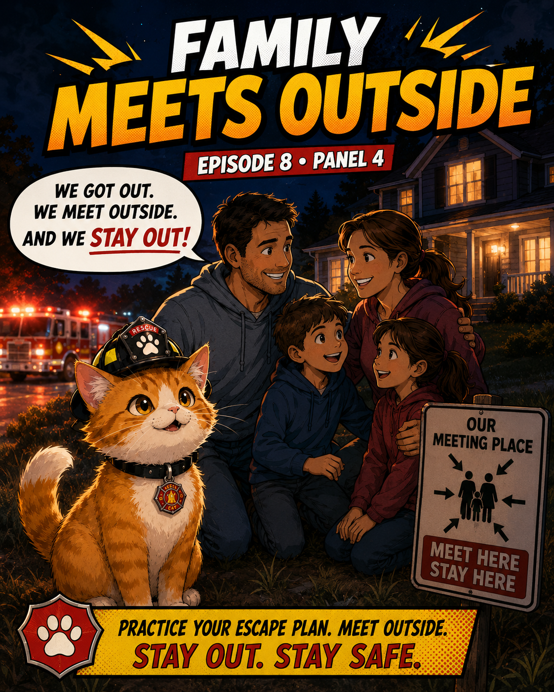 Episode 8 panel 4: family meets outside.