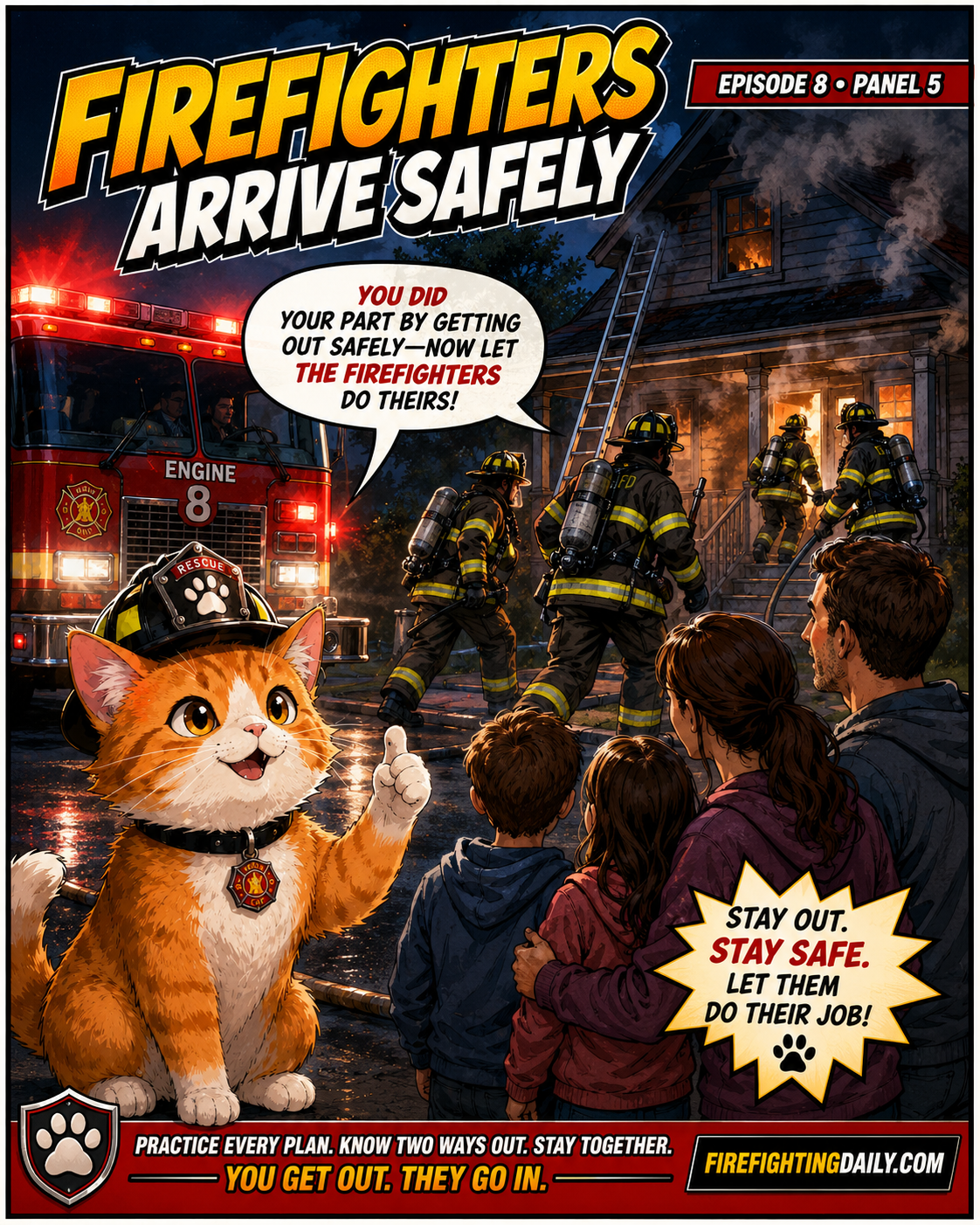 Episode 8 panel 5: firefighters arrive safely.