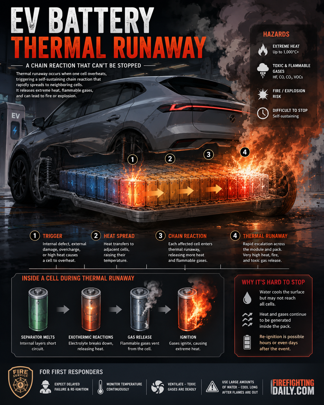 EV battery thermal runaway concept illustration.
