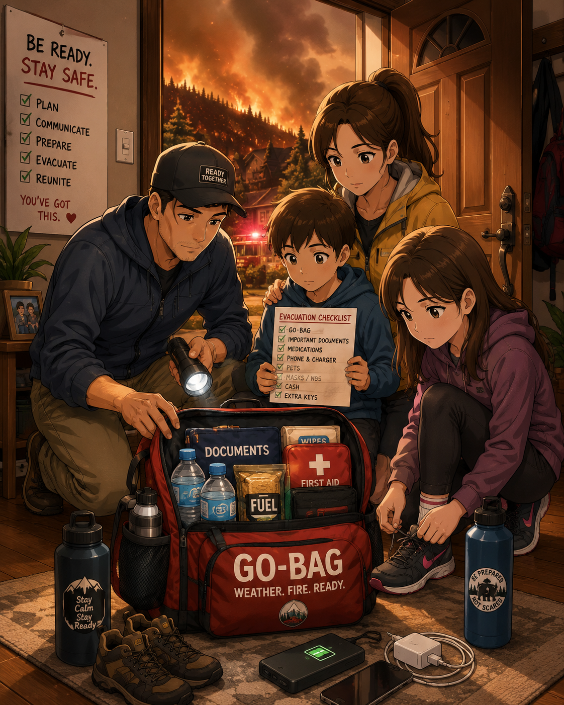 Evacuation go-bag ready near the door.