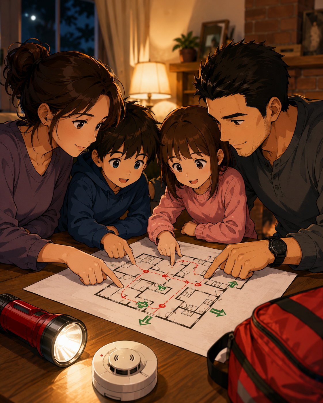 Family reviewing a home fire escape plan map.