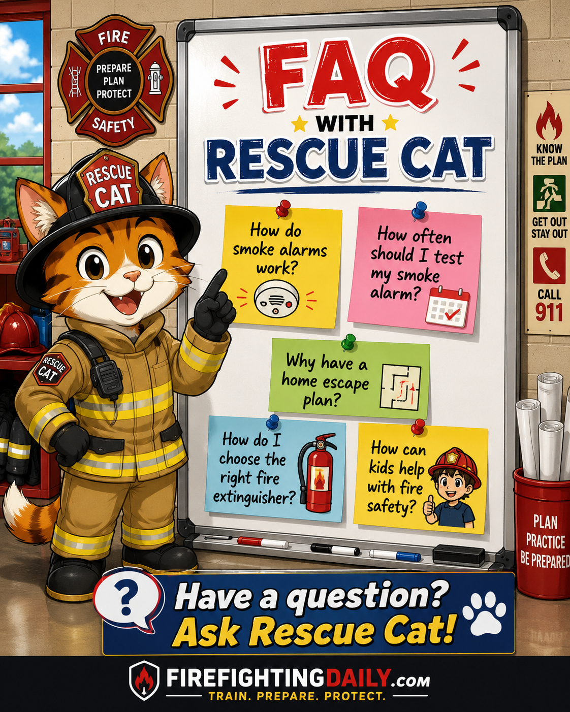 Rescue Cat beside a question board for FAQ answers.