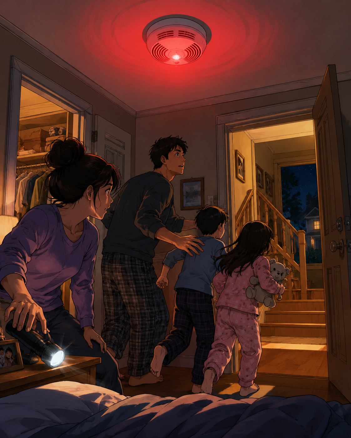 Fire alarm warning scene in manga style.