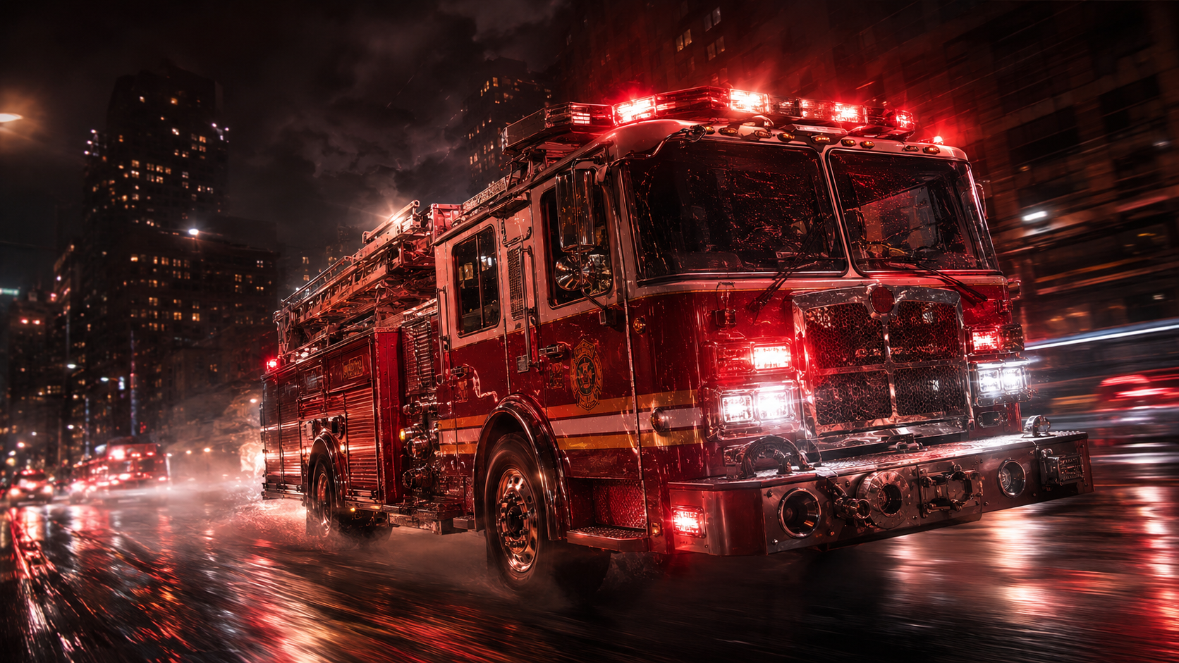 Fire engine responding at night with emergency lights.