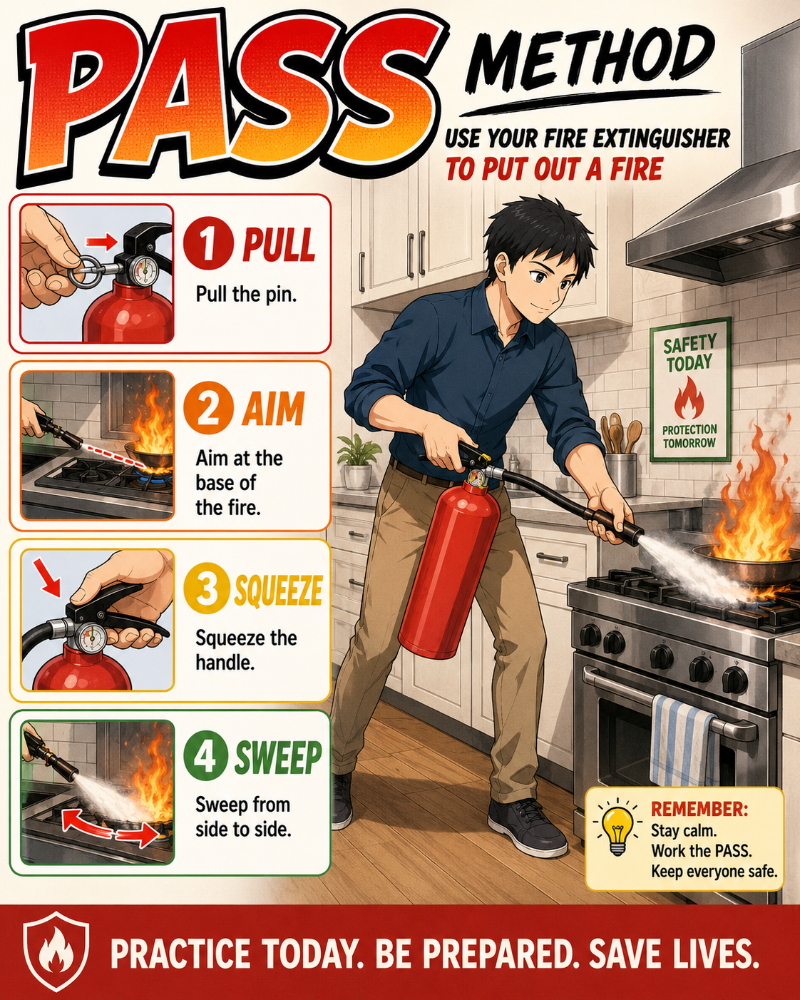 Fire extinguisher PASS method safety scene.