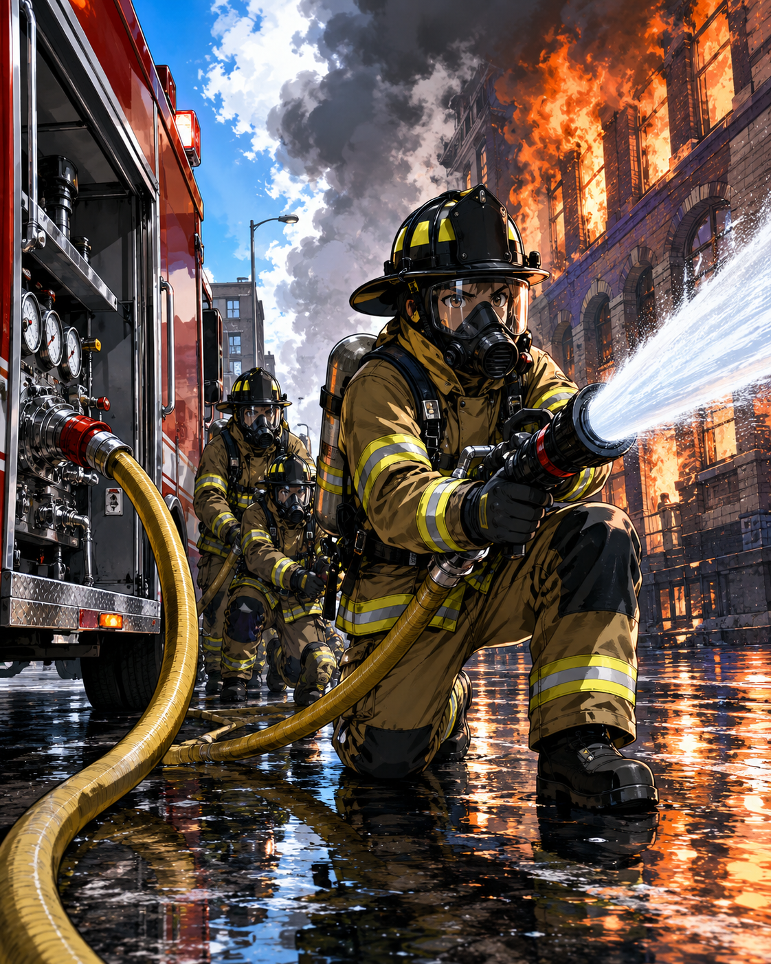 Firefighters using hose streams and water supply during an urban fire response.