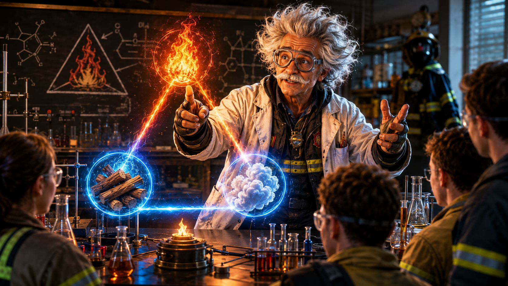 Professor Combustion teaching fire science in a lab.