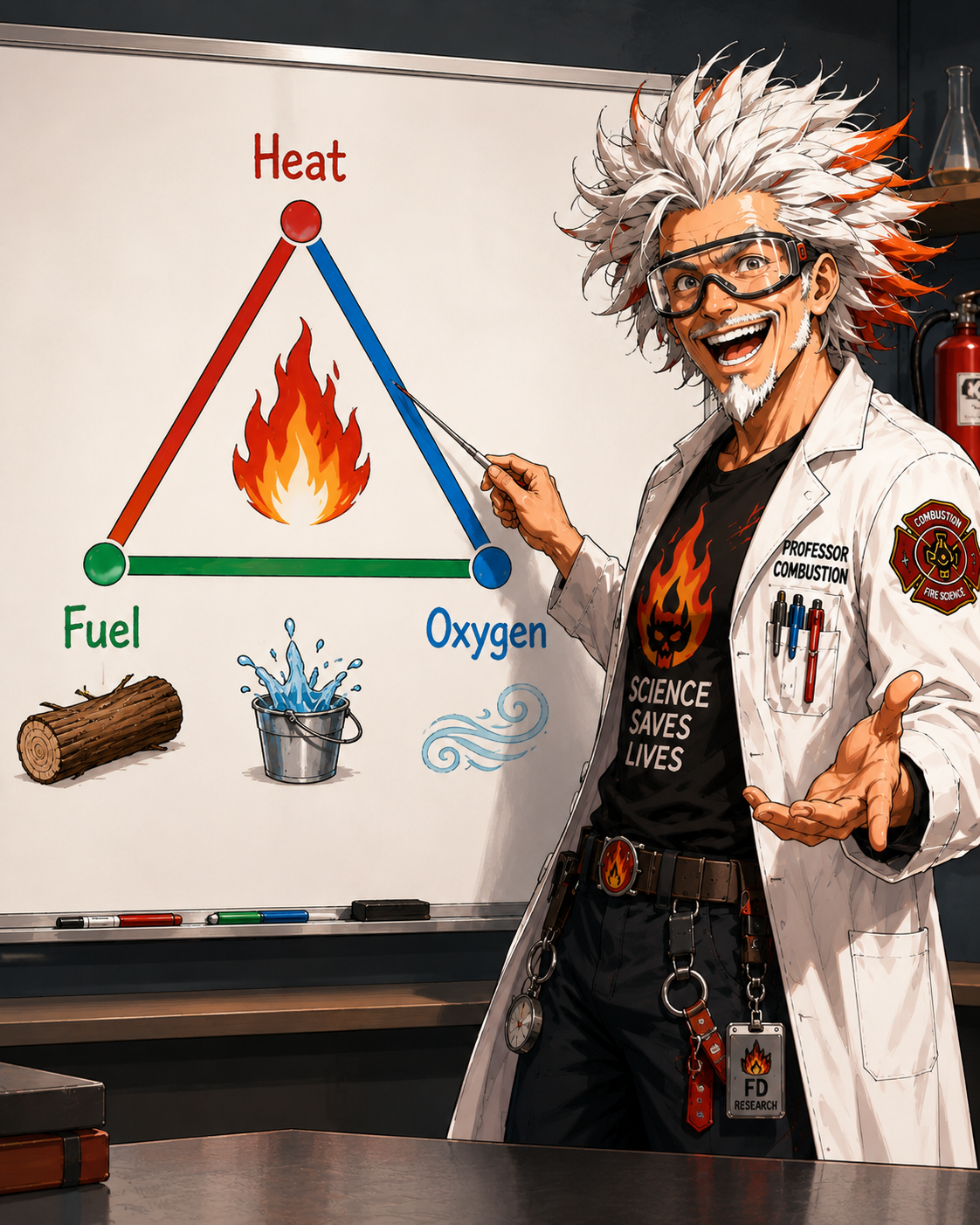 Manga-style fire triangle explanation scene showing heat, fuel, and oxygen.