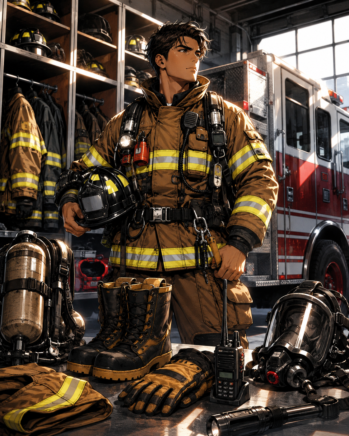 Firefighter gear hero scene.