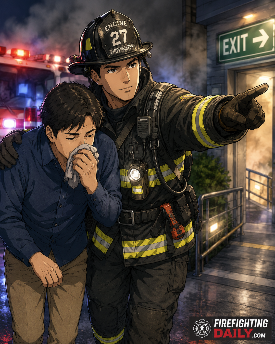 A firefighter helping a civilian to safety during a smoky emergency scene.