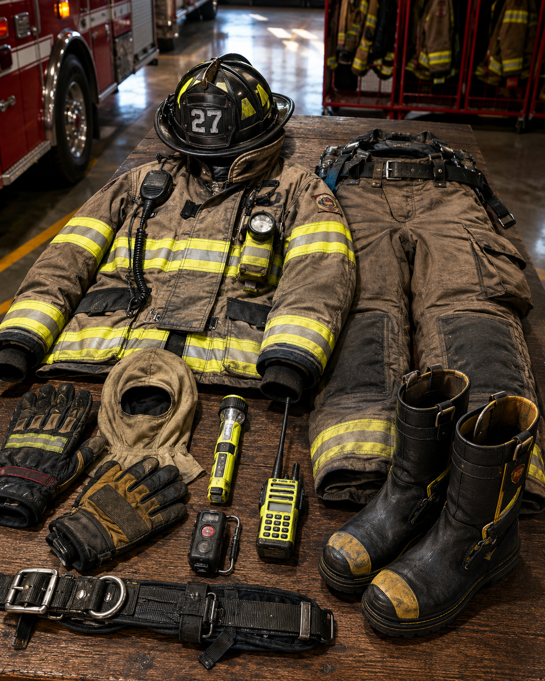 Firefighter turnout gear laid out in a firehouse for inspection and readiness.