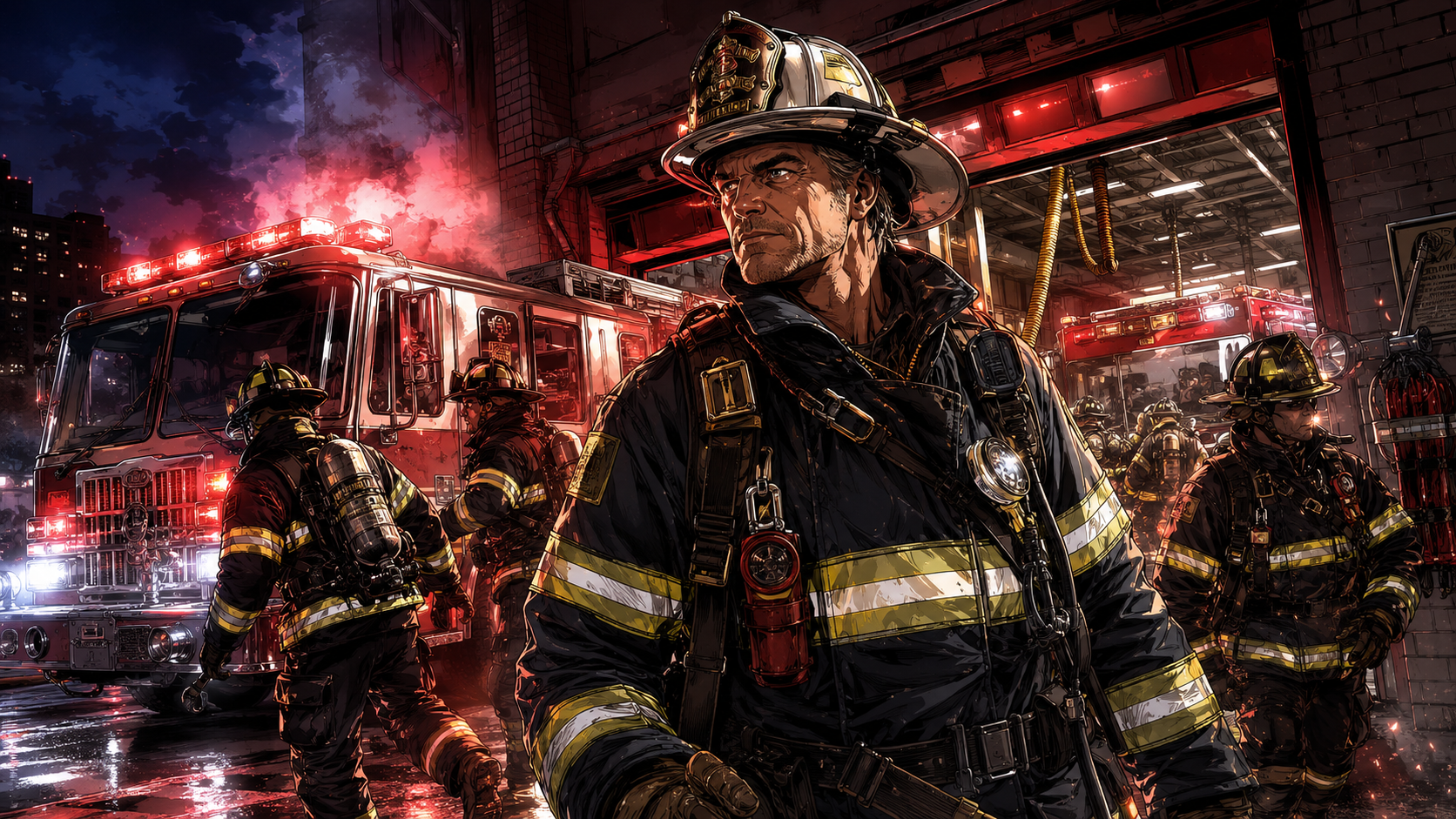 Manga-style firefighters responding to a night alarm with a fire engine and dramatic city glow.