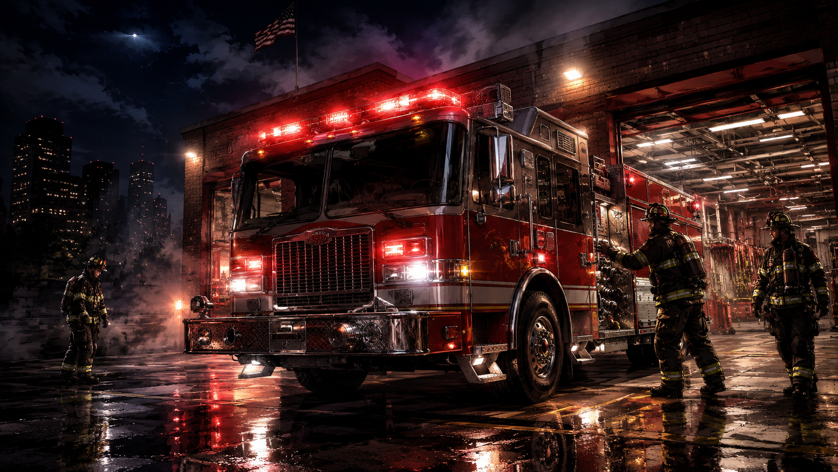 A fire engine ready on the firehouse apron in dramatic morning light.