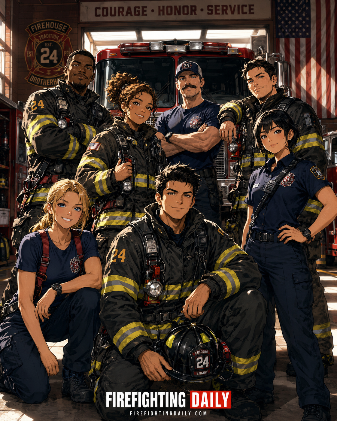A firehouse team portrait showing firefighters ready for service.