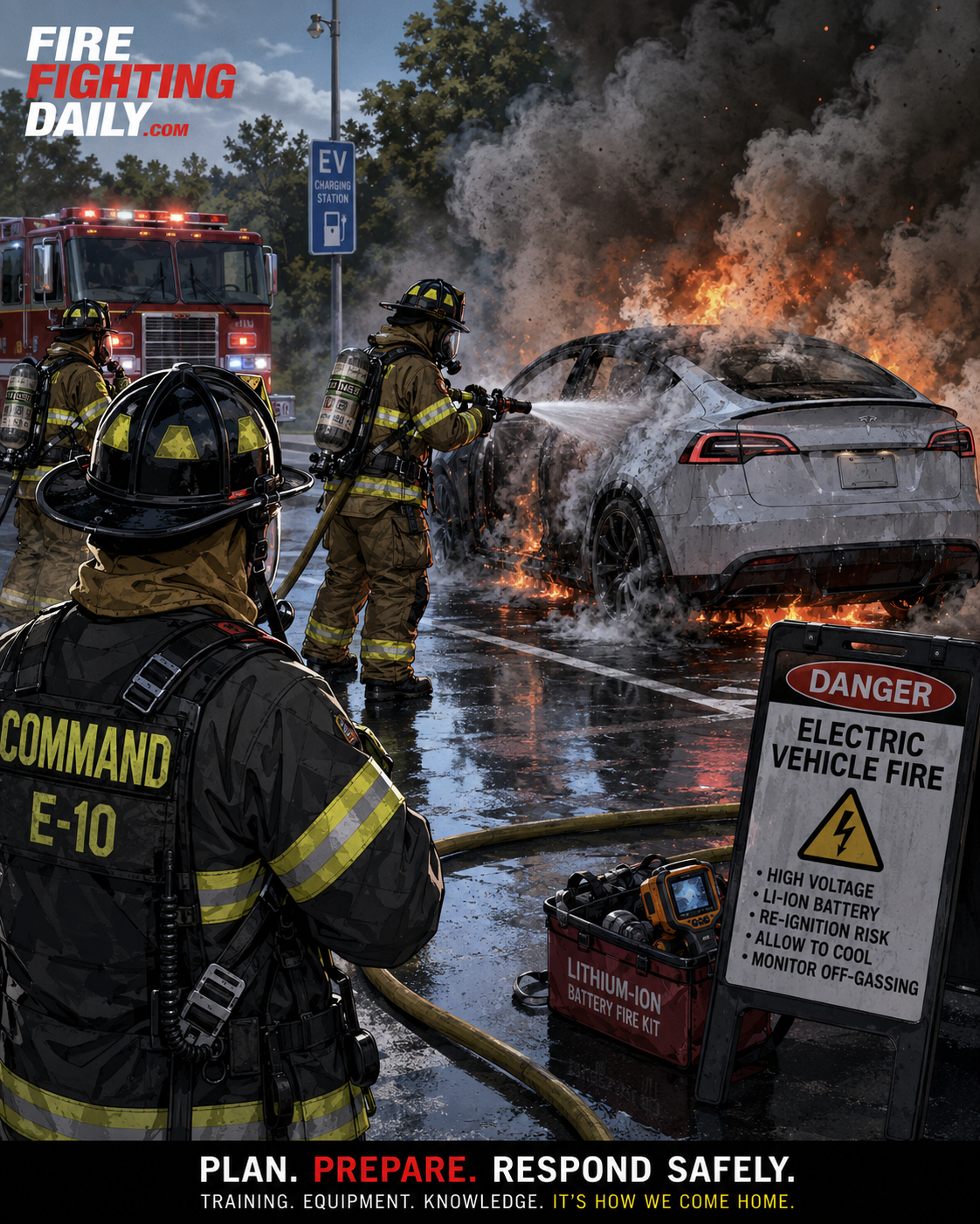 First responders managing an electric vehicle fire scene from a safe distance.