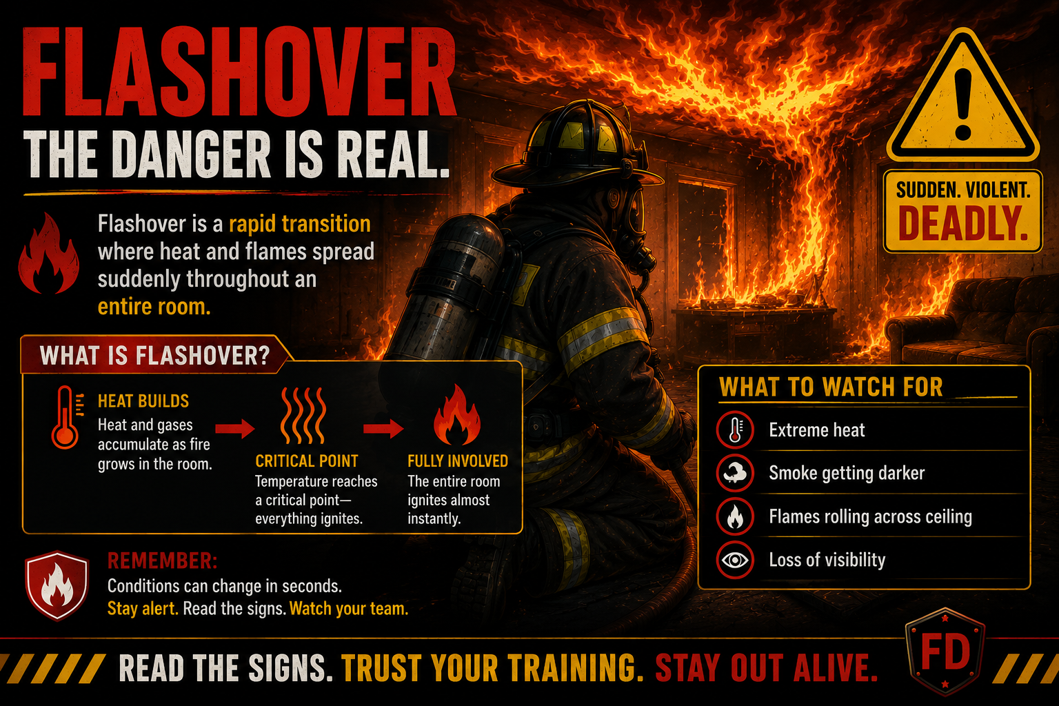Flashover warning feature image with intense heat and firefighter safety message.