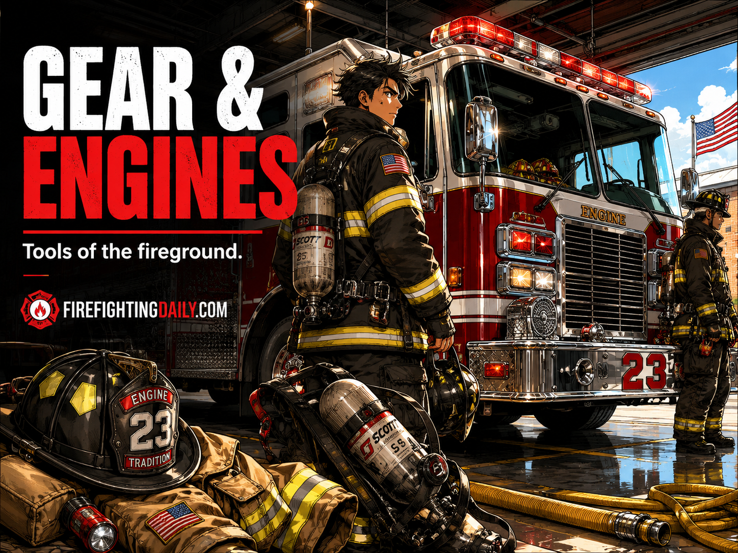 Fire engine, tools, helmets, hoses, and turnout gear arranged in a firehouse bay.