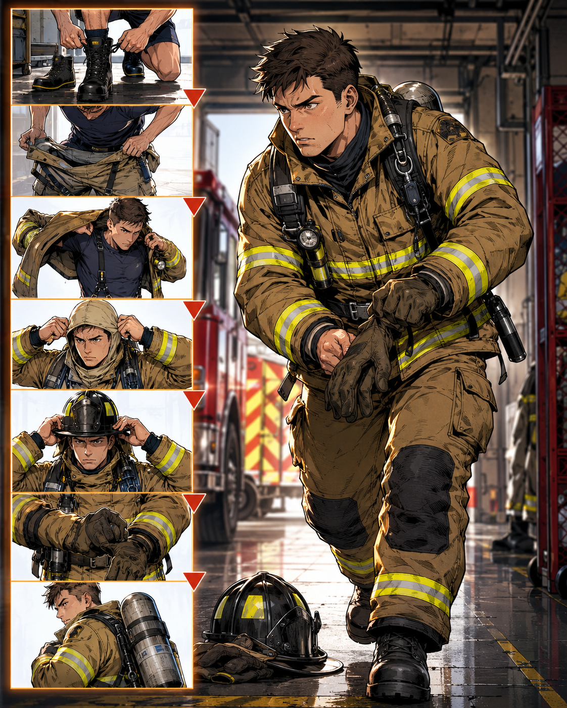 Firefighter gear donning sequence showing step-by-step readiness.