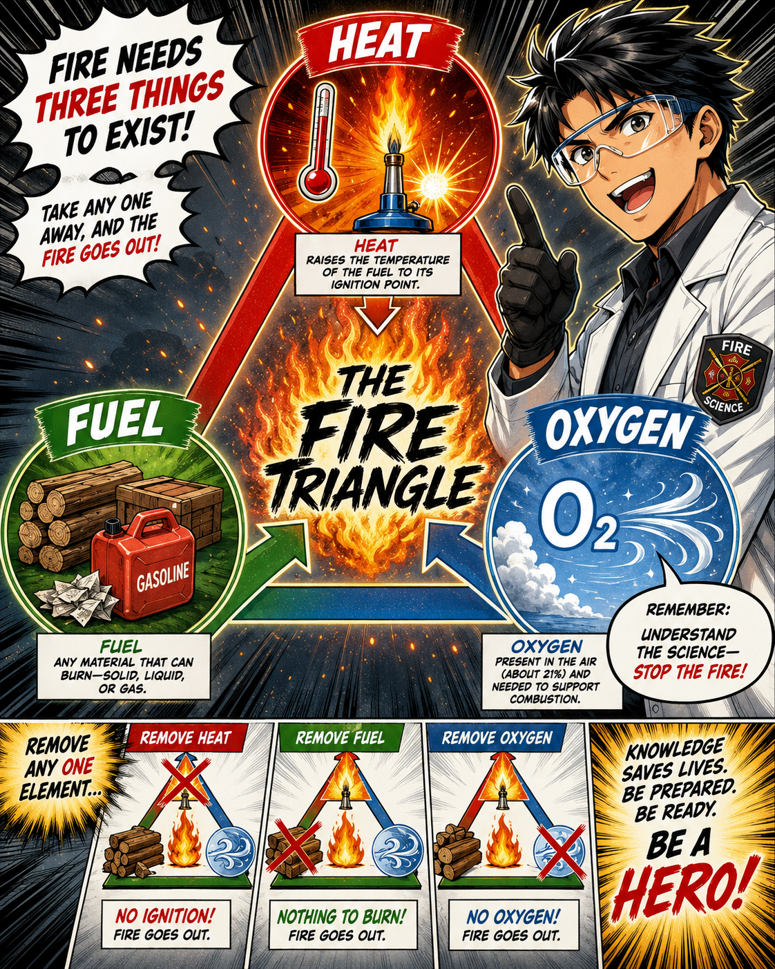 Manga panel showing heat, fuel, and oxygen as fire science elements.