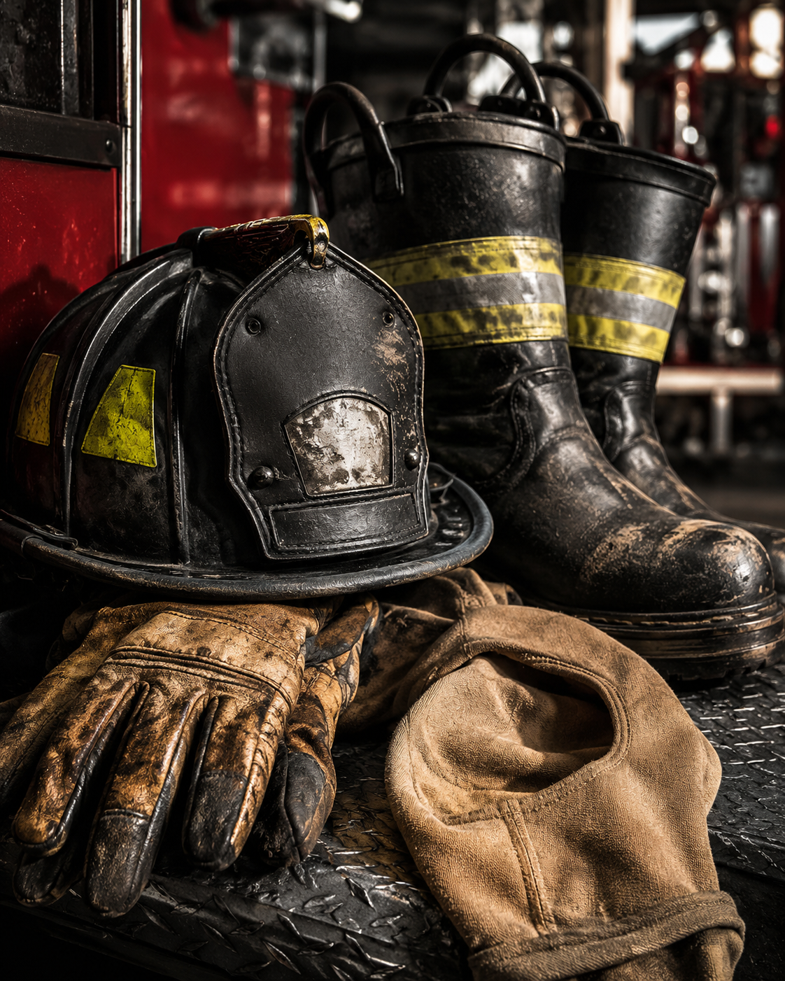 Close-up layout of firefighter helmet, gloves, boots, and protective hood.