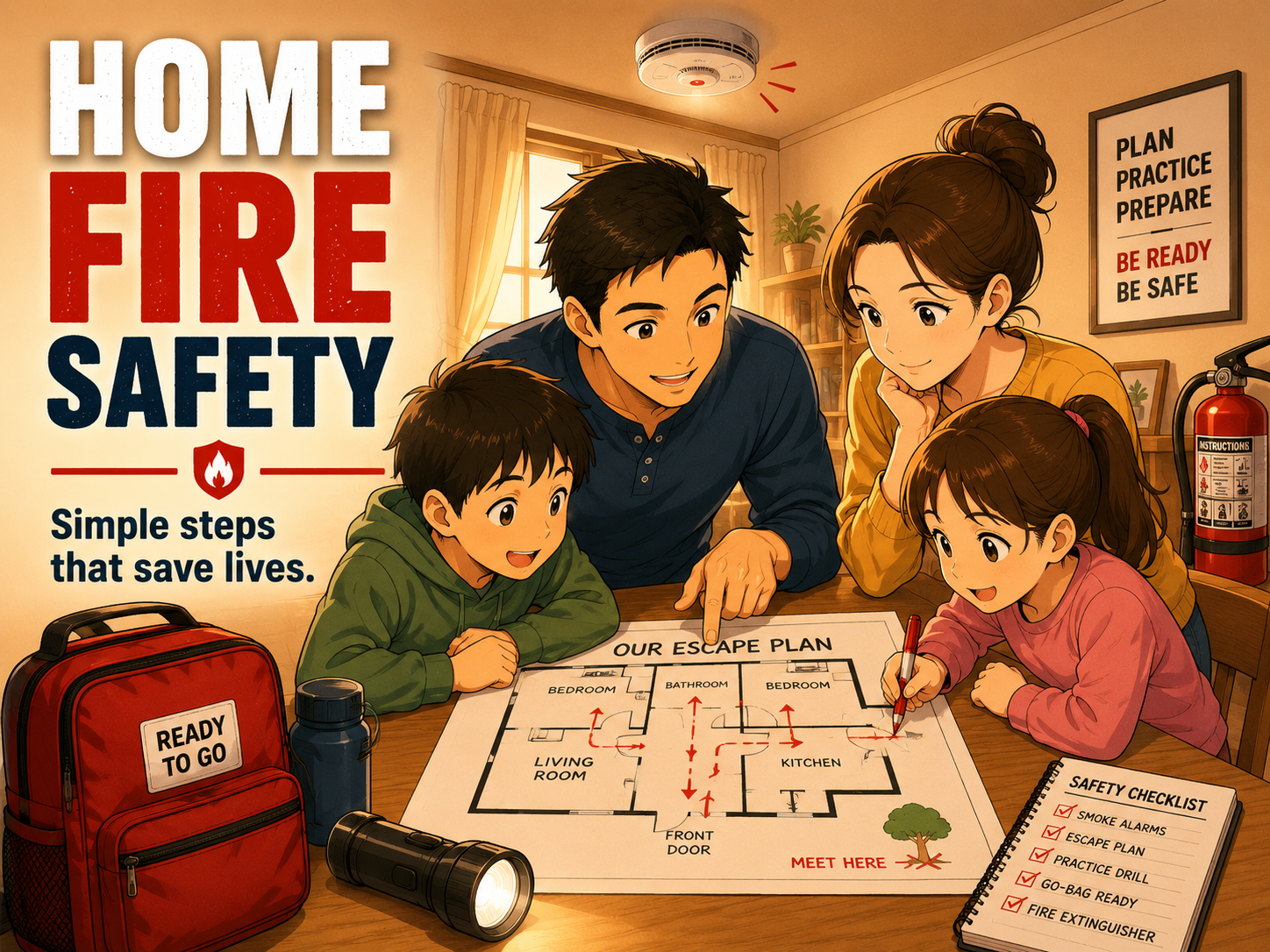 Family reviewing a home fire escape plan with warm lighting and clear safety cues.