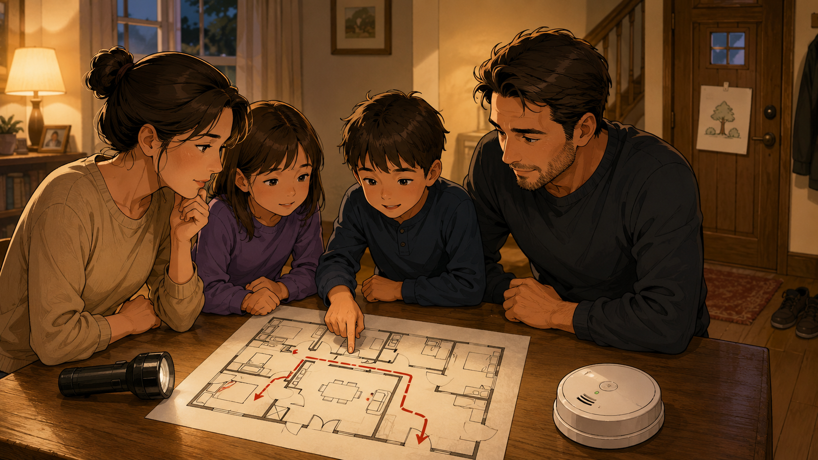 Family reviewing a home fire escape plan.