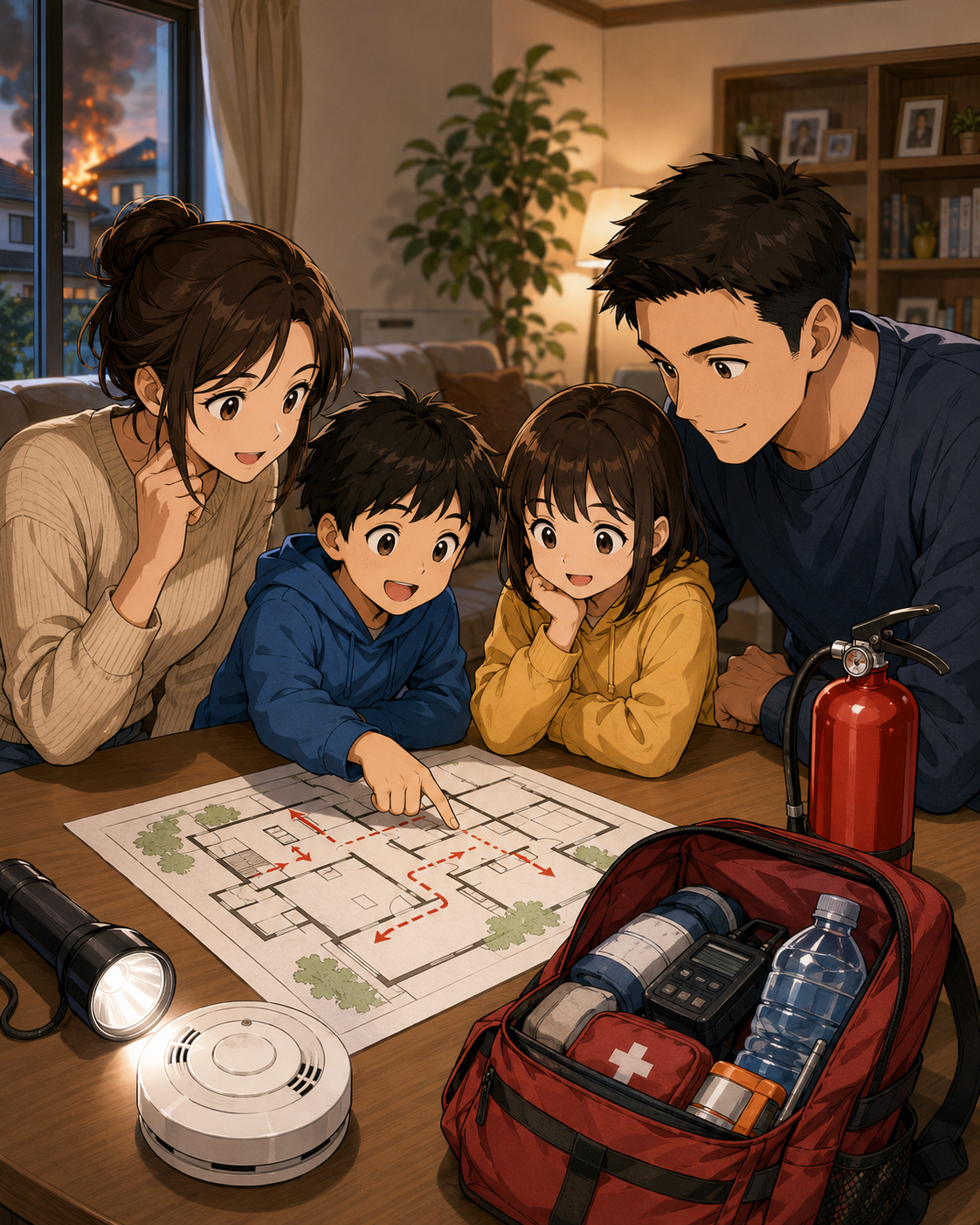 Family home fire safety scene.