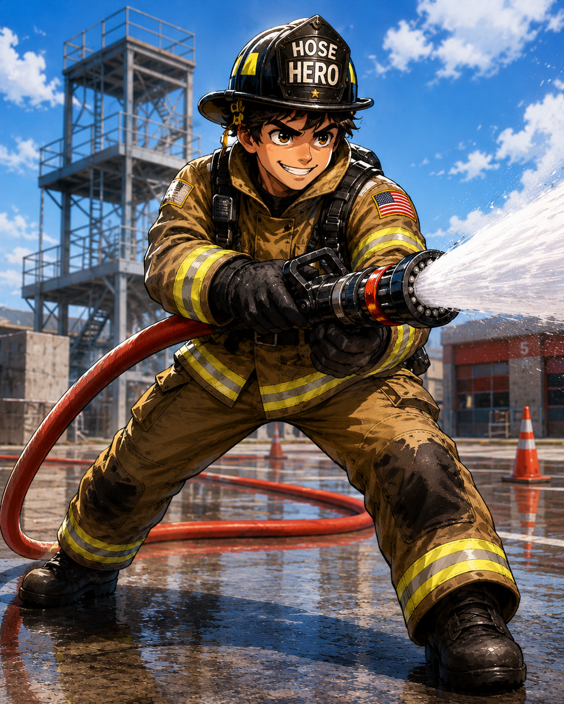 Hose Hero training with a nozzle in a fire academy scene.