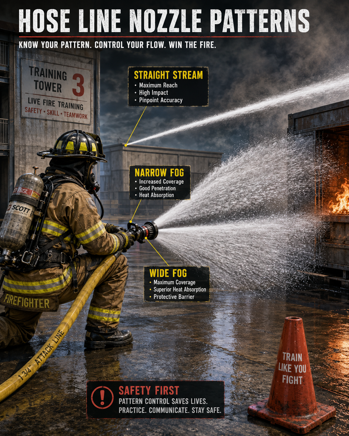 Firefighters training with hose line nozzle patterns.