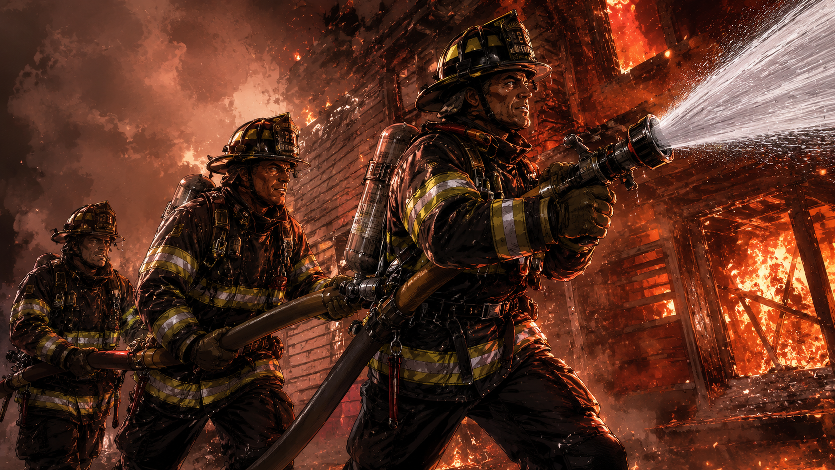 Firefighters advancing a hose line with water during a firefighting operation.