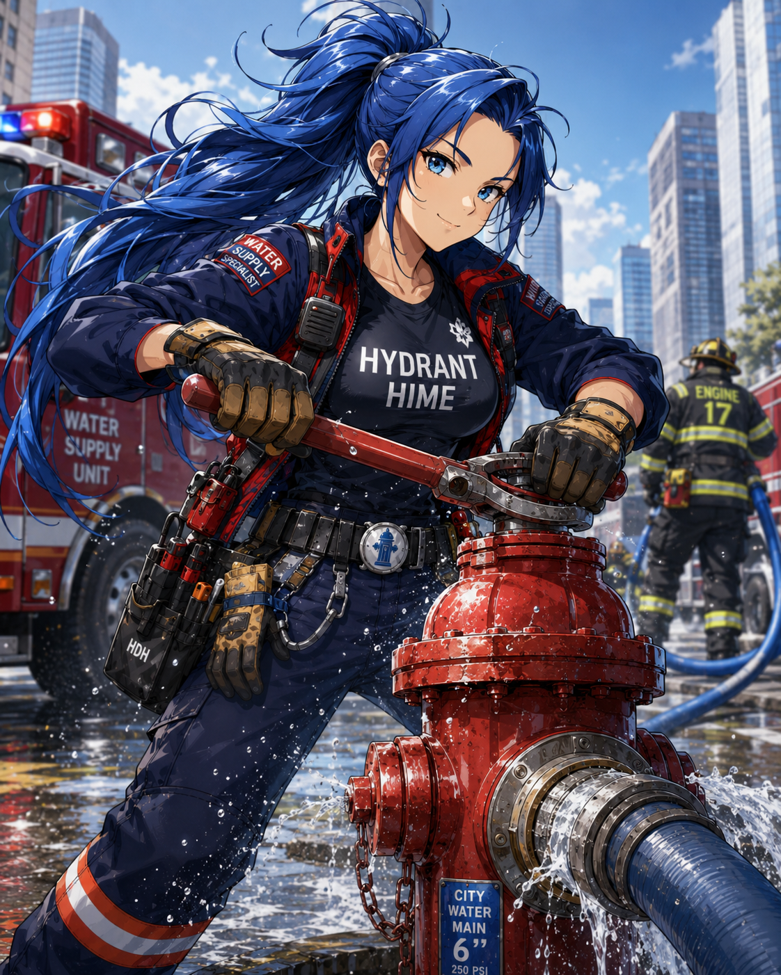 Hydrant Hime opening a water main in a heroic manga scene.