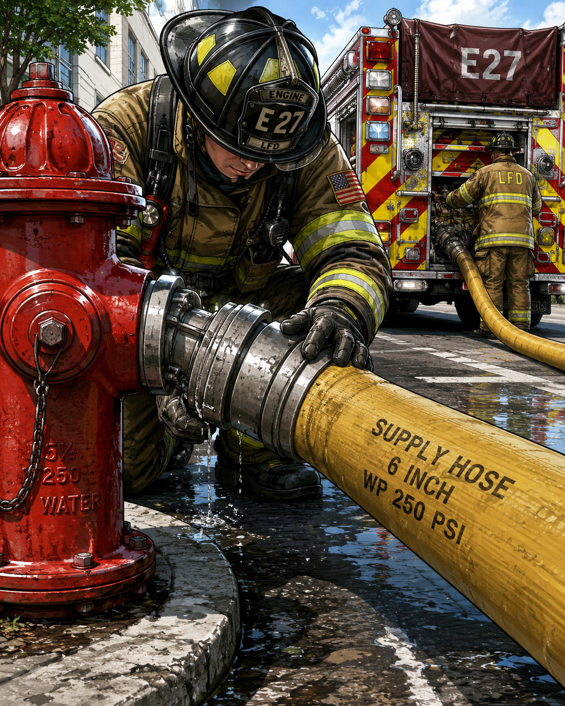 Large diameter hose connected to a fire hydrant.