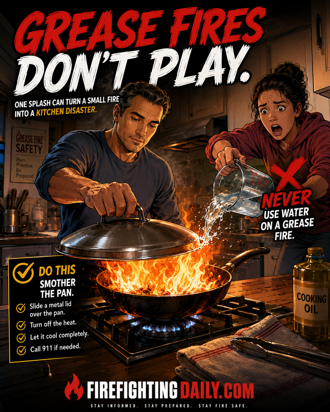 Kitchen safety scene warning not to panic with water on a grease fire.