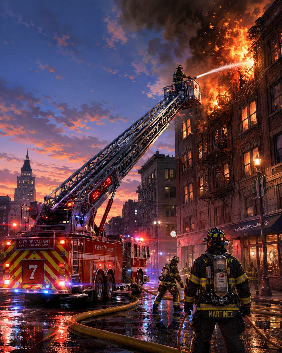 Ladder truck aerial operation in a city firefighting scene.