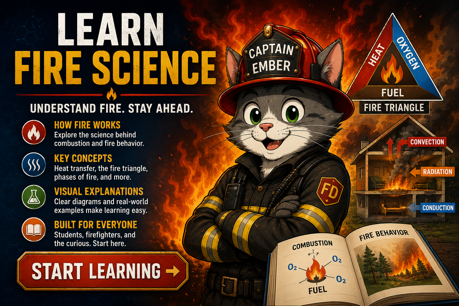 Professor Combustion teaching fire science with the fire triangle and manga-style lab visuals.