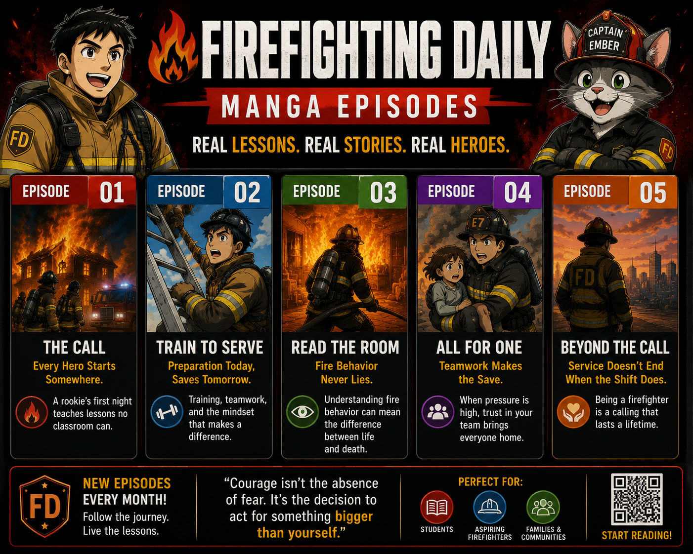 Fiery manga episodes promotional card with firefighters, safety lessons, and dramatic action.