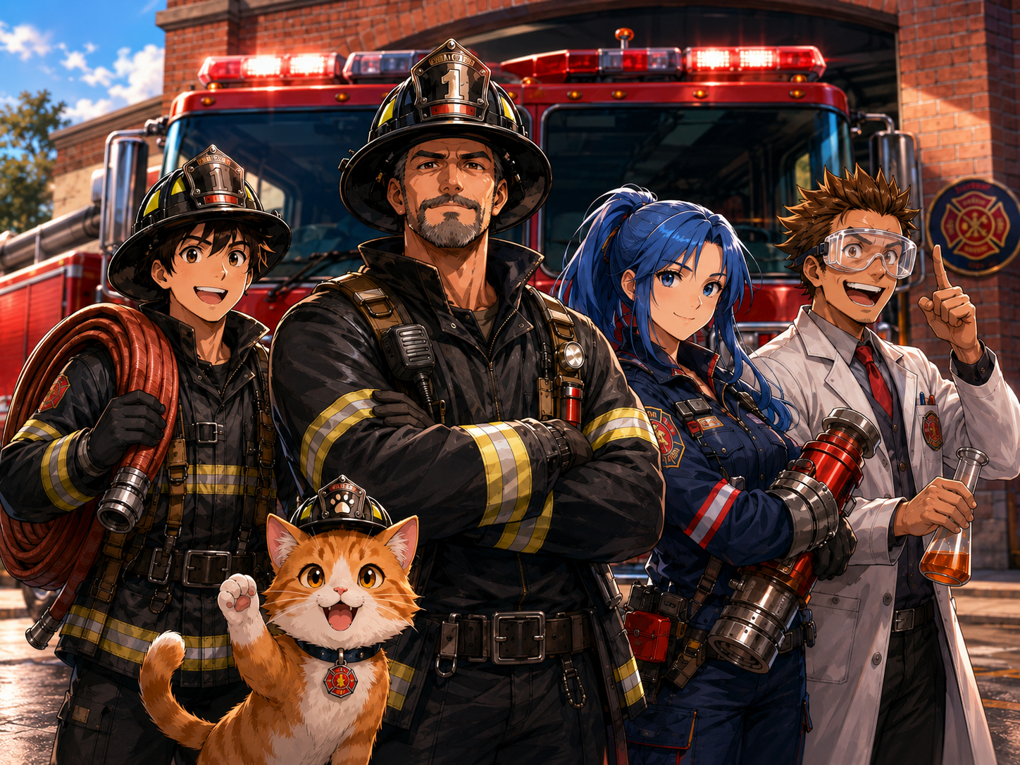 FirefightingDaily character team standing together in a heroic manga lineup.