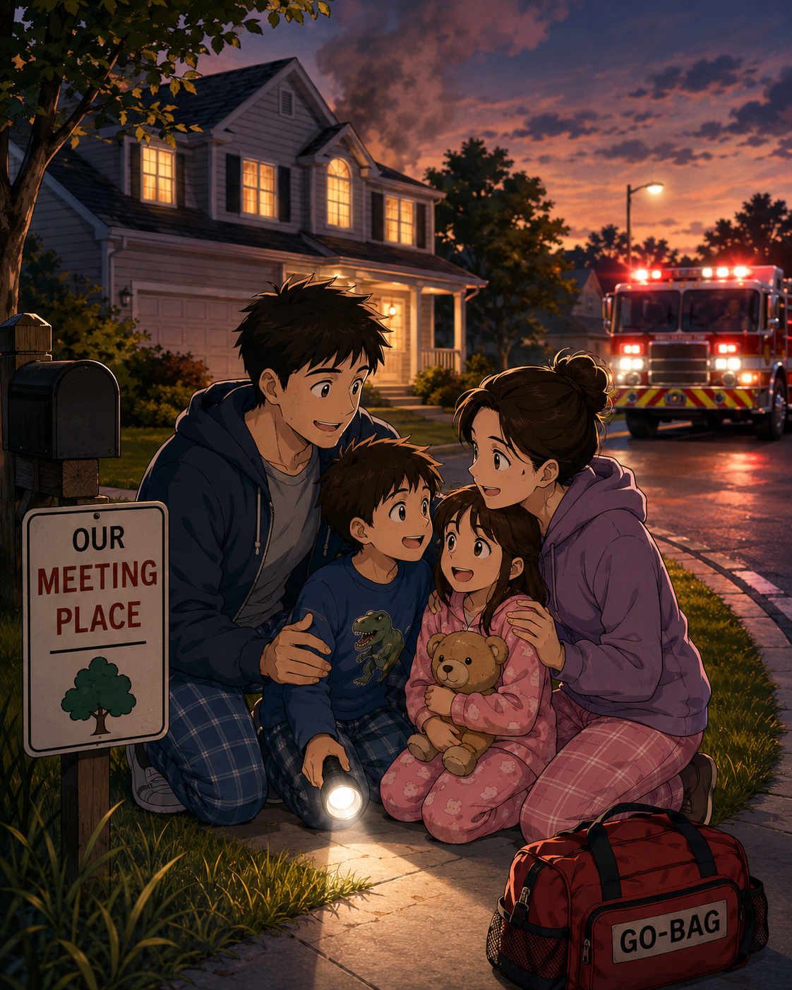 Family meeting outside a home after an emergency drill.