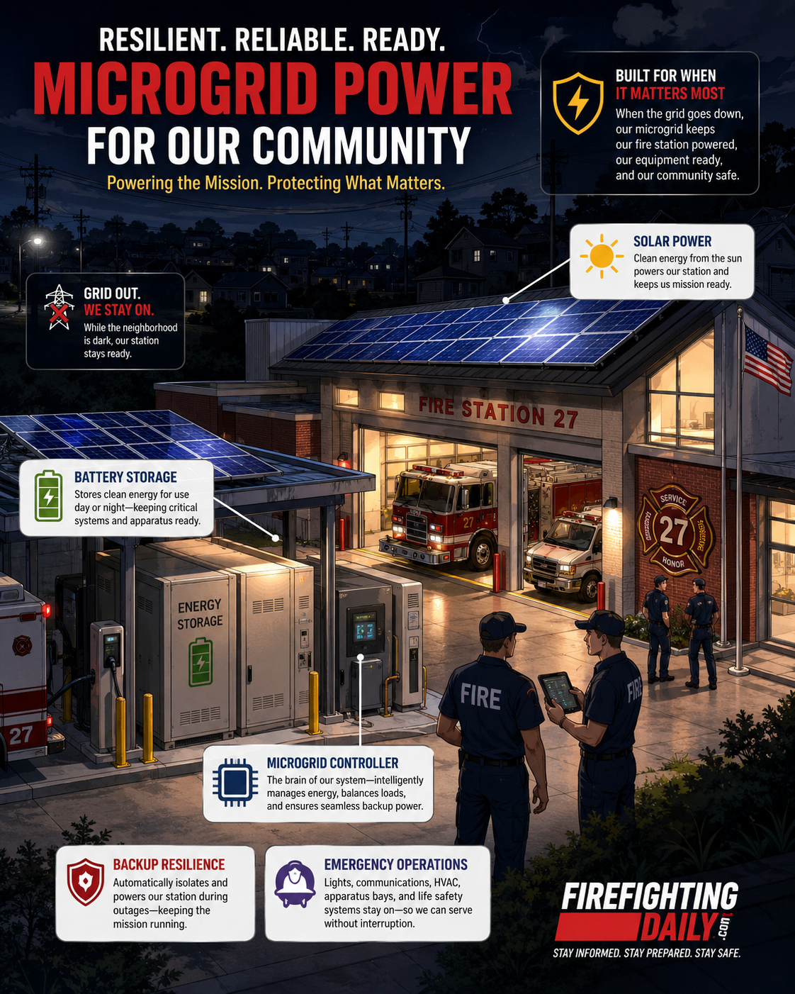 Microgrid power keeping a fire station ready during an outage.