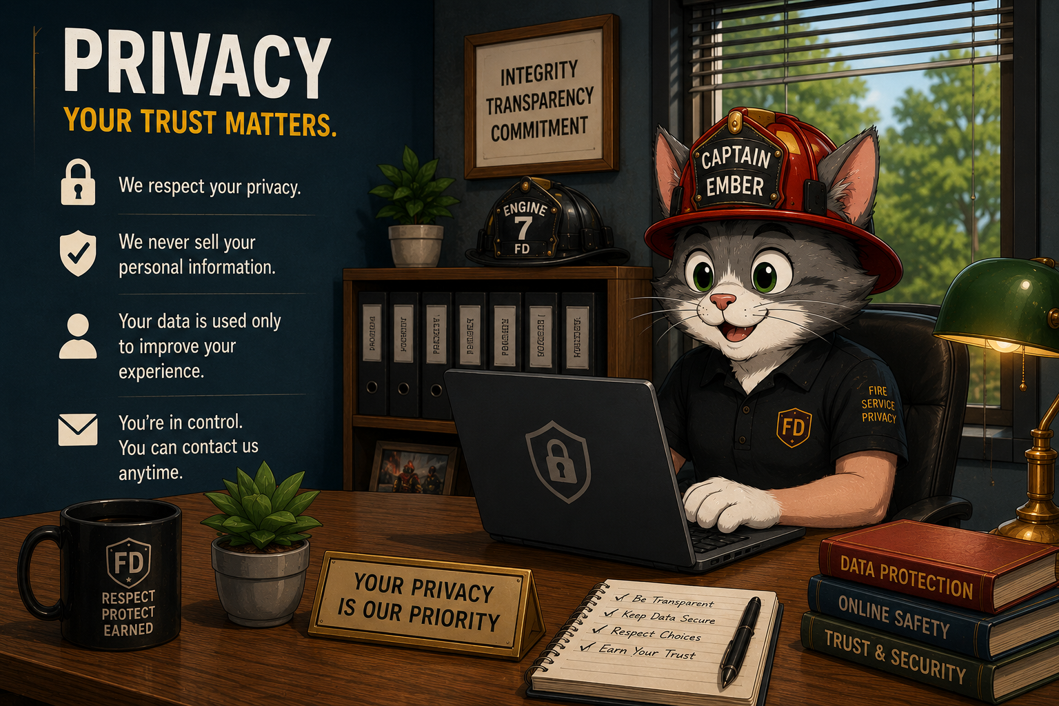 Privacy office desk scene for FirefightingDaily privacy policy.