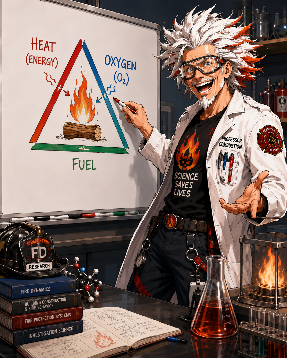 Professor Combustion drawing the fire triangle on a board.