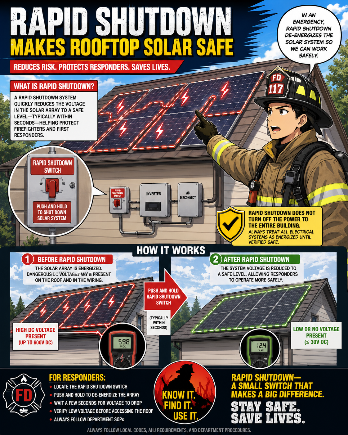 Rapid shutdown concept scene for rooftop solar safety.