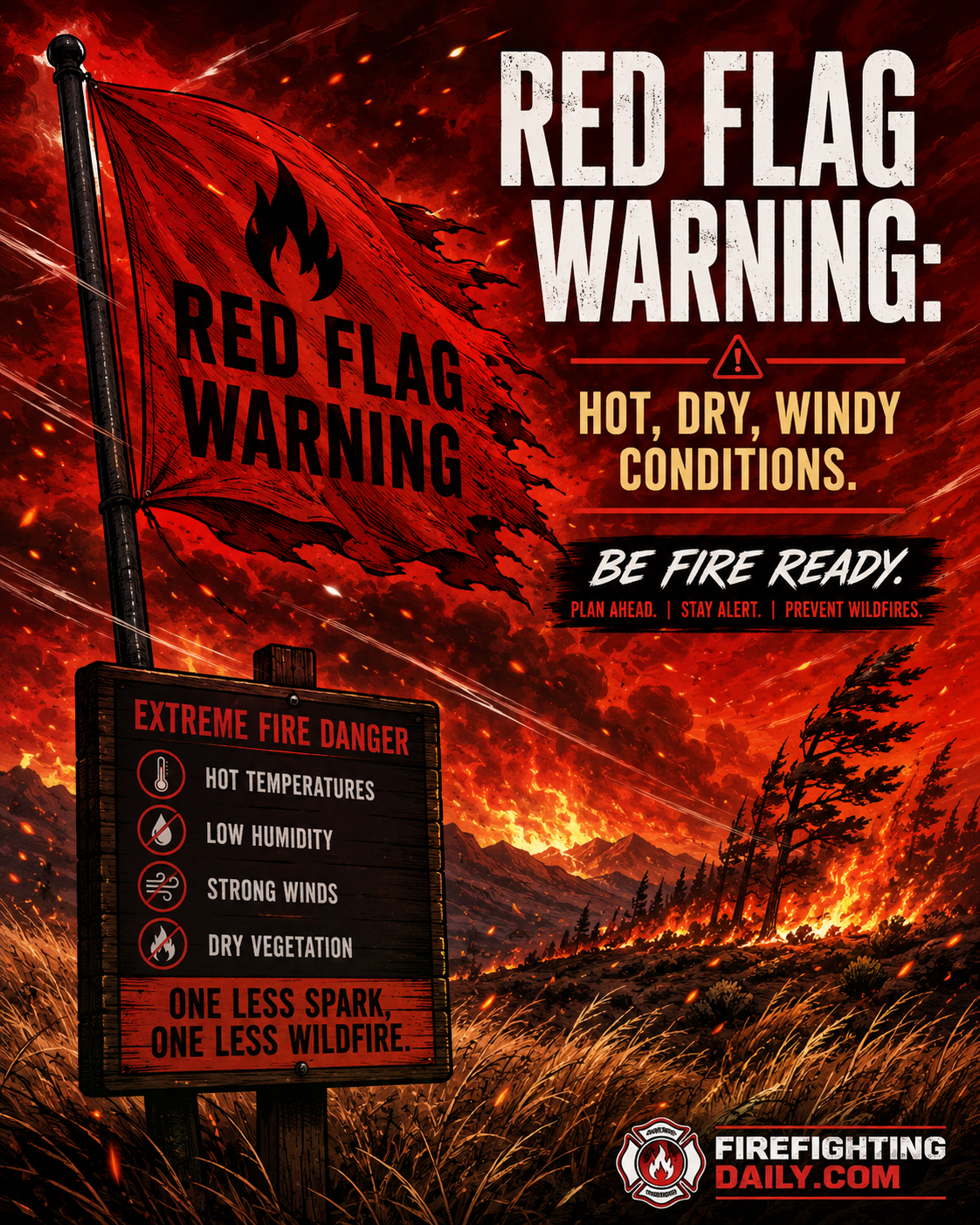 Red flag warning wildfire danger concept image.