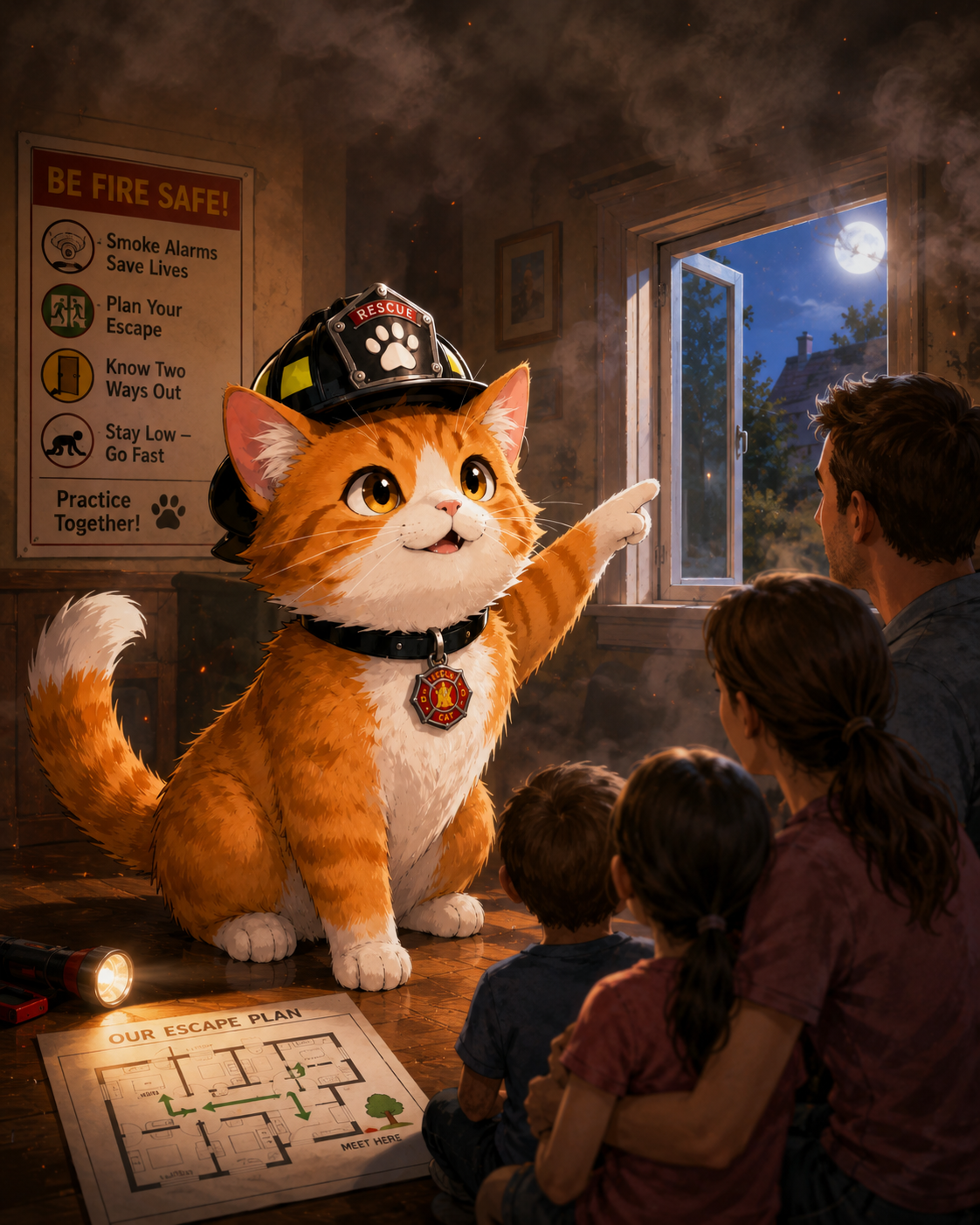 Rescue Cat finding a safe window route in a fire safety scene.