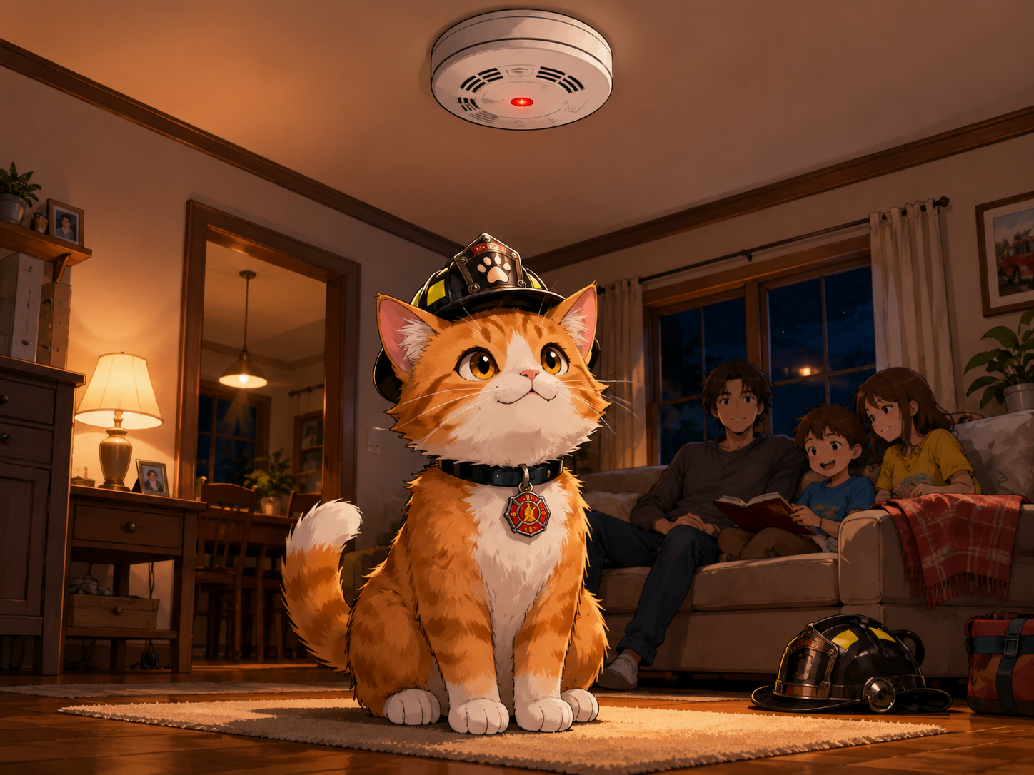 Rescue Cat watching a smoke alarm in a cozy home.