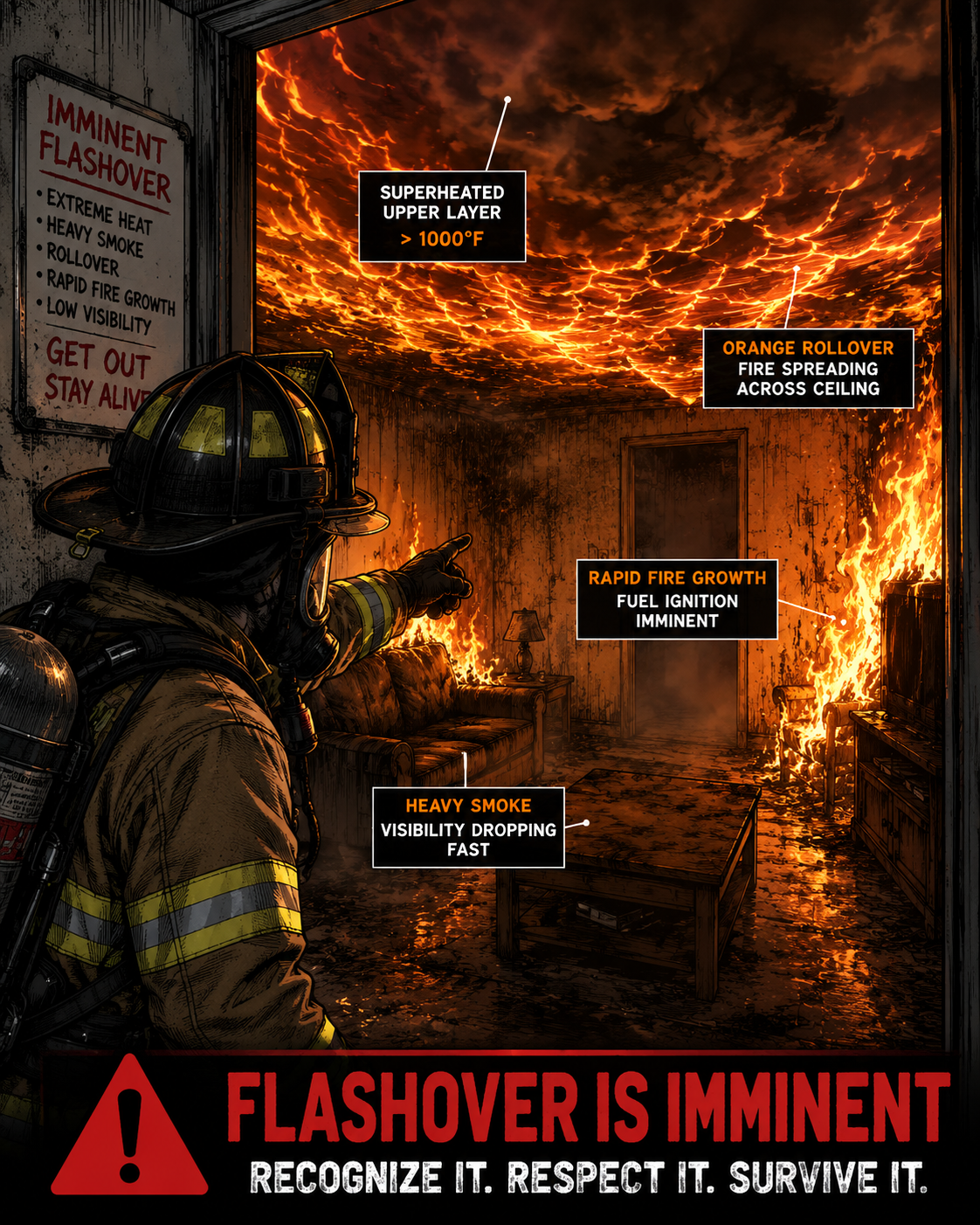 Room flashover warning scene with heavy heat and flames.