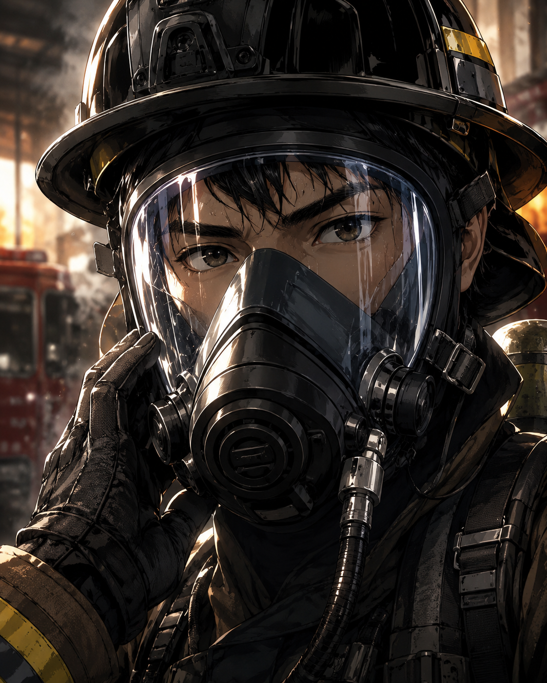 Close-up of firefighter SCBA mask in smoky lighting.